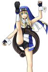  bike_shorts blonde_hair bridget_(guilty_gear) cuffs fingerless_gloves gloves green_eyes guilty_gear handcuffs kicking male_focus nun otoko_no_ko smile socks solo warusugi wrist_cuffs 