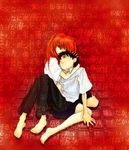  1girl artist_request couple hetero hug ikari_shinji neon_genesis_evangelion red_background red_hair school_uniform souryuu_asuka_langley 