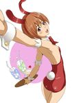  animal_ears armpits ass back bare_legs blush brown_hair bunny_ears bunny_tail bunnysuit crossdressing face flat_chest hakaba_(dairiseki) highres male_focus otoko_no_ko purple_eyes quiz_magic_academy short_hair solo tail waving yuu_(quiz_magic_academy) 