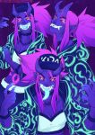  backlight black_sclera blue_tongue bodypaint choker claws clothed clothing demon fangs group gutter_tongue hair horn kda looking_at_viewer pink_hair purple_skin tongue tongue_out yellow_eyes 