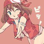  artist_request bandana breasts brown_hair cleavage haruka_(pokemon) hat lowres medium_breasts odamaki_sapphire oekaki one_eye_closed open_clothes open_shirt panties pointing pokemon pokemon_special shirt solo striped striped_panties underwear 