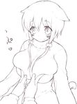  animal_ears blush breast_squeeze breasts copyright_request greyscale huge_breasts monochrome mutsutake short_hair sketch solo_focus sweater tail 