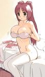  adjusting_bra adjusting_clothes areolae bed bottomless bra breasts brown_eyes bursting_breasts hirose_(mokiki) kousaka_tamaki large_breasts lingerie long_hair no_panties red_hair sitting solo strapless strapless_bra thighhighs to_heart_2 underwear 