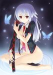  bad_id bad_pixiv_id barefoot blue_nails bottomless breasts bug butterfly copyright_request feet highres insect katana large_breasts long_hair mk_(masatusaboten) nail_polish necktie no_bra no_panties nude red_eyes solo sword toenail_polish weapon white_hair 