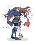  2girls blue_hair brown_gloves commentary commission couple detached_sleeves english_commentary eyes_closed fingerless_gloves fire_emblem fire_emblem:_kakusei from_above gloves hairband hug kiss long_hair looking_at_another lucina lying multiple_girls nintendo on_side red_hair selena_(fire_emblem) tiara twintails very_long_hair yuri yuroran 