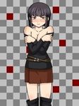  artist_request bangs bare_shoulders black_hair blunt_bangs blush bob_cut boots breasts checkered checkered_background cleavage embarrassed fullmetal_alchemist knee_boots large_breasts lowres lyra miniskirt skirt solo tears 