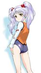  ass back blue_hair blush flat_ass hoshino_ruri kidou_senkan_nadesico long_hair long_sleeves looking_at_viewer looking_back no_pants school_swimsuit solo swimsuit swimsuit_under_clothes twintails ueyama_michirou uniform yellow_eyes 