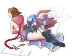  artist_request black_gloves black_shorts blue_hair boots brown_hair crossover final_fantasy final_fantasy_x final_fantasy_x-2 gloves headgear hood knee_boots kos-mos lying multiple_girls red_eyes short_hair short_shorts shorts xenosaga xenosaga_episode_i yuna_(ff10) 