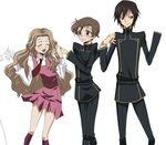  2boys :d ^_^ ^o^ ashford_academy_uniform bad_id bad_pixiv_id black_hair brown_hair closed_eyes code_geass dress furekuru_(freckle) lelouch_lamperouge long_sleeves looking_at_viewer military military_uniform multiple_boys nunnally_lamperouge open_mouth pink_dress purple_eyes rolo_lamperouge short_hair simple_background smile uniform white_background 