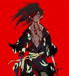  1boy bandage black_hair dororo_(tezuka) hair_over_one_eye holding hyakkimaru_(dororo) japanese_clothes katana kimono kon_(kin219) long_hair looking_at_viewer male_focus ponytail prosthesis prosthetic_arm red_eyes simple_background solo sword weapon 