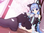  animal_ears bangs blue_eyes blue_hair blush boots cat_ears cherry_blossoms dress dutch_angle game_cg himukai_kyousuke long_hair nana_(pikopiko) necktie original panties petals pikopiko_~koisuru_kimochi_no_nemuru_basho~ ribbon sitting smile solo thighhighs underwear upskirt very_long_hair 