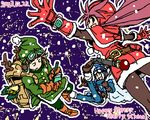  2boys black_legwear bobblehat closed_eyes dragon_quest dragon_quest_ii fur_trim gloves hanbu_hantarou long_sleeves looking_at_viewer lowres multiple_boys outstretched_arms pantyhose prince_of_lorasia prince_of_samantoria princess_of_moonbrook red_gloves santa_costume scarf snowing wince winter 