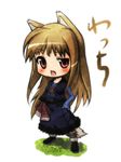  animal_ears brown_hair chibi fang holo long_hair pouch raised_eyebrow red_eyes rokushou_kokuu solo spice_and_wolf standing tail uneven_eyes wolf_ears wolf_tail 