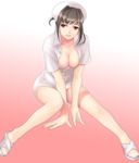  breasts brown_hair cleavage copyright_request fujisaka_kuuki hands hat large_breasts legs nurse red_eyes short_hair sitting solo 