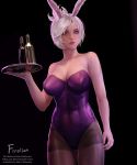  1girl animal_ears bare_shoulders battle_bunny_riven black_background black_legwear bottle breasts brown_eyes bunny_ears bunnysuit cleavage closed_mouth firolian highres large_breasts league_of_legends leotard lips looking_at_viewer pantyhose patreon_username riven_(league_of_legends) short_hair silver_hair solo strapless strapless_leotard tray watermark web_address 