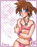  artist_request blue_eyes blush bra bracelet brown_hair character_name crossdressing jewelry kingdom_hearts lingerie male_focus navel necklace otoko_no_ko panties solo sora_(kingdom_hearts) twintails underwear 