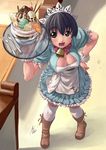  artist_request bell black_hair boots breasts cleavage copyright_request covered_nipples cow_bell food ice_cream kneehighs large_breasts maid skull socks solo waitress 