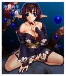  blue_eyes breasts brown_hair bubble choker circlet cleavage japanese_clothes large_breasts panties pointy_ears short_hair smile solo spread_legs underwear 