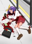  bag blood blood_from_mouth book cellphone commentary corpse death empty_eyes eraser hairband hiiragi_tsukasa lucky_star lying mechanical_pencil mugenjohncel murder notebook pencil phone purple_hair ribbon ruler ryouou_school_uniform school_bag school_uniform serafuku short_hair sidewalk skirt solo stabbed yellow_hairband 