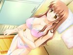  ane_hame! ayakaze_ryuushou bathroom blush bra breasts brown_hair cleavage dutch_angle from_above game_cg garter_belt hirano_kasumi lace lace_bra lace_panties large_breasts lingerie long_hair navel panties pink_bra pink_panties smile solo standing thigh_gap thighhighs towel underwear underwear_only yellow_eyes 