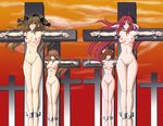  4girls ahoge antenna_hair armpits barefoot bdsm black_eyes blush breasts brown_hair censored cross crucifixion crucifixion_knights crucifixion_knights~haritsukerareshi_otometachi~ eyes_closed feet female fuchi hair_ribbon hips jpeg_artifacts legs long_hair looking_at_viewer multiple_girls navel nipples nude open_mouth original outstretched_arms public pussy ribbon sankaku_doumei sky source_request spoils zenra 