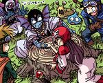  4boys :d :o akuma_shinkan arm_support arm_wrestling bangs belt bent_over blue_skin bodysuit cable constricted_pupils dragon_quest dragon_quest_ii forehead_jewel frown gem gloves goggles goggles_on_headwear grass hanbu_hantarou hand_on_hip hand_to_own_mouth hargon head_wings holding_hands hood horns long_hair long_sleeves looking_down lowres monster multiple_boys oekaki on_ground oonamekuji open_mouth outdoors prince_of_lorasia prince_of_samantoria princess_of_moonbrook profile purple_hair rapier robe scepter short_hair sitting slime_(dragon_quest) slug smile spiked_hair standing surprised sweat sweatdrop sword translation_request tree_stump tunic v-shaped_eyebrows weapon wince 