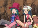  :&lt; :o angry aqua_hair arm_support bangs bare_shoulders blazer blue_eyes blue_hair boots bow buneary crossed_arms earrings flat_chest frown gen_4_pokemon grey_legwear hair_ornament half_updo hat hat_bow hikari_(pokemon) jacket jewelry jpeg_artifacts knee_boots long_hair long_sleeves looking_to_the_side magician multiple_girls on_ground open_blazer open_clothes open_jacket open_mouth open_vest outdoors panties pantyhose pantyshot pantyshot_(sitting) pleated_skirt poke_ball_print pokemon pokemon_(creature) rock scarf screencap shirt shizue_(pokemon) sidelocks sitting skirt spread_legs surprised third-party_edit top_hat underwear vest white_panties 