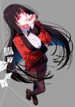  1girl bangs black_hair black_legwear black_ribbon blunt_bangs breasts copyright_name dress_shirt floating_hair grey_background highres hime_cut jabami_yumeko jacket jewelry kakegurui large_breasts lips loafers long_hair looking_at_viewer nail_polish naomura_tooru neck_ribbon official_art pantyhose plaid plaid_skirt pleated_skirt red_eyes red_jacket red_nails ribbon ring school_uniform shirt shoes simple_background skirt solo standing thumb_ring very_long_hair white_shirt 