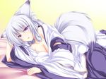  :d animal_ears arm_support bangs bed blush breasts cleavage detached_sleeves eyes_visible_through_hair fox_ears fox_tail game_cg hand_behind_head inakoi indoors japanese_clothes kuzuha_(inakoi) long_hair lying mature medium_breasts miko on_bed on_side open_mouth purple_eyes sleeves_past_wrists smile solo tail tenmaso white_hair 