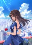  1girl aqua_eyes bangs bare_back blue_dress breasts brown_hair building cityscape cloud commentary_request dress earrings flower holding holding_flower idolmaster idolmaster_cinderella_girls jewelry lens_flare long_hair looking_at_viewer looking_back medium_breasts open_mouth petals shibuya_(tokyo) shibuya_109 shibuya_rin short_sleeves sidelocks sky solo sunlight tamakaga thighhighs valentine wind 