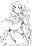  armor asanagi breasts cleavage copyright_request greyscale huge_breasts lineart monochrome pointy_ears short_hair sketch solo sword tiara underboob weapon 