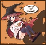  2006 candy cape copyright_request food halloween hat jack-o'-lantern moon pentacle pentagram pumpkin skirt solo star thighhighs trick_or_treat witch_hat yuzuki_kotona zettai_ryouiki 