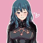  1girl armor blue_eyes blue_hair blush byleth cape fire_emblem fire_emblem:_fuukasetsugetsu gloves grey_background hair_ornament long_hair looking_at_viewer maji_(majibomber) nintendo one_eye_closed short_hair simple_background smile solo uniform 