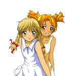  2girls :d bare_shoulders blonde_hair blush braid collarbone cowboy_shot dress dvach-tan grin huyase looking_at_viewer multiple_girls open_mouth orange_hair simple_background slavya-chan smile teeth twin_braids twintails white_background white_dress 