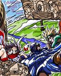  2boys black_hair blonde_hair blush dragon_quest dragon_quest_ii field goggles goggles_on_head grass hanbu_hantarou looking_at_viewer lowres multiple_boys outdoors prince_of_lorasia prince_of_samantoria princess_of_moonbrook spiked_hair 