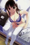  absurdres bag bed blue_eyes blue_panties blush bra breasts brown_hair dengeki_moeou dressing duplicate highres hima large_breasts lingerie original panties school_bag solo thighhighs underwear underwear_only 