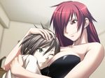  1girl assertive breast_press breasts cleavage game_cg green_eyes grey_hair hair_over_one_eye hanachirasu head_hug height_difference hug itsurin large_breasts non-web_source oosaki_shin'ya red_eyes red_hair smile takeda_akane tall 