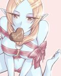  barefoot blue_skin breasts chocolate front_ponytail large_breasts microspace midna midna_(true) mouth_hold naked_ribbon orange_hair pointy_ears ribbon solo spoilers the_legend_of_zelda the_legend_of_zelda:_twilight_princess valentine 