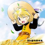  1girl blonde_hair hat lowres one_eye_closed open_mouth pokemon pokemon_special scythe sickle smile solo wink yellow_(pokemon) 