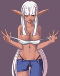 bad_id bad_pixiv_id breasts cleavage copyright_request dark_skin denim elf highres jeans large_breasts long_hair naughty_face navel one_eye_closed panties pants pointy_ears red_eyes shirt_pull solo somejima tongue underwear white_hair 