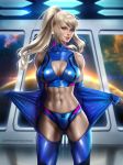  1girl abs adam_malkovich ayya_saparniyazova blonde_hair blue_eyes bra breasts high_ponytail jacket large_breasts long_hair looking_at_viewer metroid mole mole_under_mouth nintendo panties ponytail samus_aran skin_tight smile solo space sports_bra underwear 