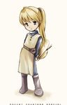  artist_request blonde_hair boots copyright_name hat hat_removed headwear_removed holding long_hair lowres poke_ball pokemon pokemon_special simple_background solo tabard turtleneck waist_poke_ball white_background yellow_(pokemon) 