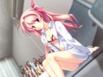  antenna_hair blurry bra breasts chaos;head cleavage depth_of_field dress_shirt dutch_angle game_cg hair_ribbon highres lingerie long_hair matsuo_yukihiro medium_breasts one_side_up open_clothes open_shirt pink_eyes pink_hair ribbon sakihata_rimi shirt sitting smile solo underwear 