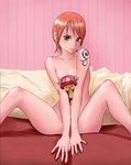  bad_id bad_pixiv_id blush breasts brown_eyes covering erojump hat highres nami_(one_piece) nipples nude one_piece orange_hair pink_hat short_hair small_breasts spread_legs sweat tattoo tony_tony_chopper 