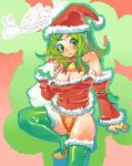  bell bell_collar breasts christmas collar detached_sleeves green_eyes green_hair hat large_breasts long_hair original santa_costume santa_hat solo thighhighs tsuutenkaaku 