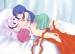  bed bed_sheet blue_eyes blue_hair bottomless breasts caught collarbone dress furude_rika hakama hanyuu higurashi_no_naku_koro_ni holding_hands horns japanese_clothes long_hair lying m-shiganai miko multiple_girls navel open_clothes open_shirt purple_eyes purple_hair red_hakama shirt small_breasts strap_slip yuri 