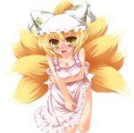  apron blonde_hair blush breast_squeeze breasts cleavage duplicate embarrassed fang hat highres kazami_karasu lossy-lossless medium_breasts multiple_tails naked_apron open_mouth render short_hair solo tail tears touhou transparent_background yakumo_ran yellow_eyes 