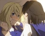  2girls amazuki_jou andou_(girls_und_panzer) arm_grab bangs bc_freedom_school_uniform black_hair black_vest blonde_hair blue_eyes blue_neckwear blue_sweater blush cardigan clenched_hands commentary crying crying_with_eyes_open dark_skin diagonal_stripes dress_shirt eyebrows_visible_through_hair frown girls_und_panzer long_sleeves looking_at_another medium_hair messy_hair multiple_girls necktie open_mouth oshida_(girls_und_panzer) red_neckwear school_uniform shirt standing striped striped_neckwear sunlight sweater sweater_around_neck tears vest white_shirt yuri 