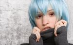  1440x900 blue_hair cosplay photo red_eyes short_hair sweater wig 