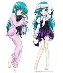  aqua_hair artist_request barefoot blush cat dakimakura feet frills hairband hayama_kotono long_hair multiple_views pajamas red_eyes saint_october 